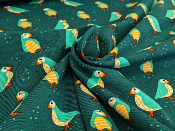 Reststück Baumwolljersey Vogel Puffin Petrol 50 x 150 cm